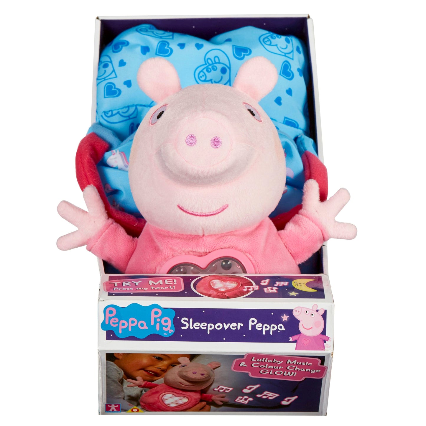 eppa Pig Sleepover Peppa Toy in pink pyjamas with lullaby heart and night-light