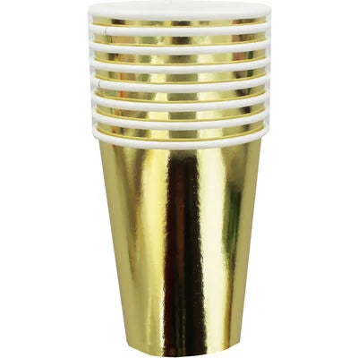 Gold Metallic Foil Big Party Paper Cups (Pack of 8) - Anilas UK