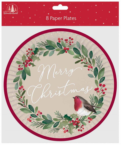 Christmas Traditional Holly Round Paper Plates - 23cm (Pack of 8) - Anilas UK