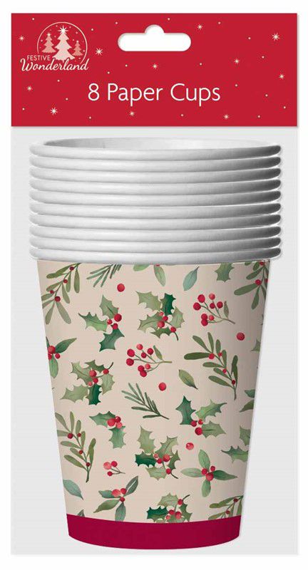 Christmas Traditional Holly Party Cups (Pack of 8) - Anilas UK