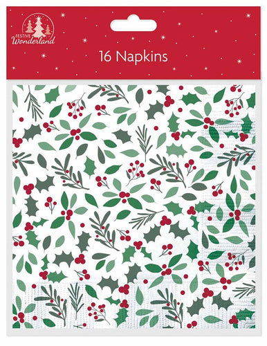 Christmas Traditional Holly Napkins (Pack of 16) - Anilas UK