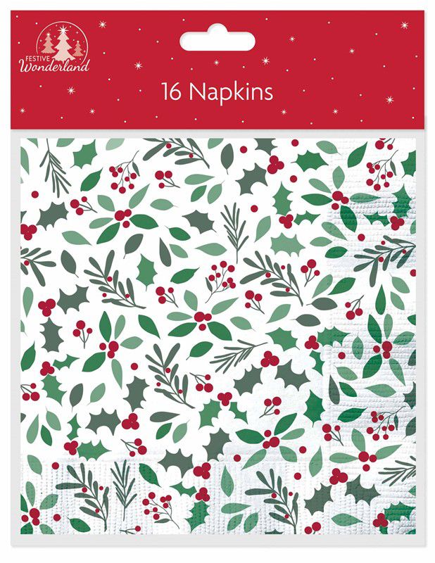 Christmas Traditional Holly Napkins (Pack of 16) - Anilas UK
