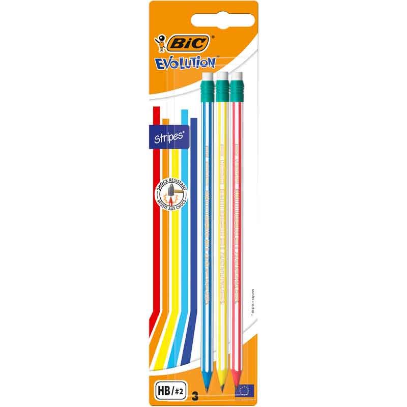 BIC HB Stripes Graphite Pencils With Eraser (Pack of 3) - Anilas UK