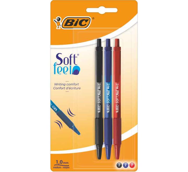 BIC Soft Feel Grip Pack of 3 Ballpoint Pens, Black, Red, Blue - Anilas UK