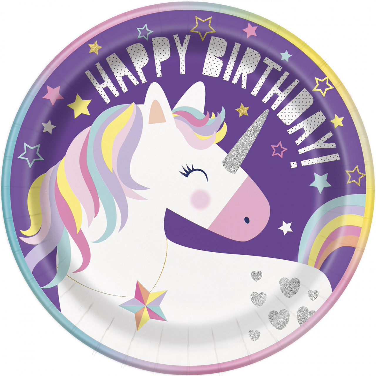 Unicorn Happy Birthday Round 9" Dinner Plates - 21.9cm (Pack of 8) - Anilas UK