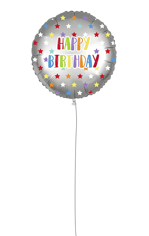 Happy Birthday Silver Colorful Stars Foil Balloon