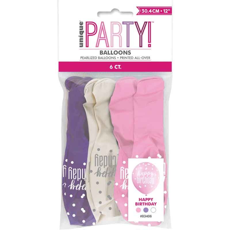 Glitz Pink Happy Birthday Latex Balloons (Pack of 6) - Anilas UK