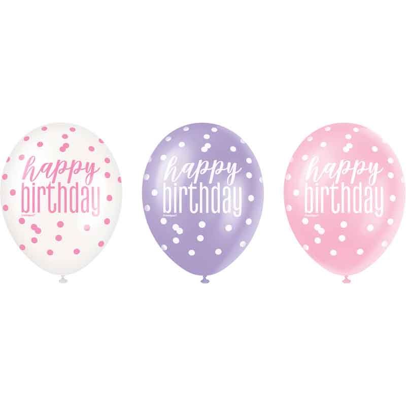 Glitz Pink Happy Birthday Latex Balloons (Pack of 6) - Anilas UK