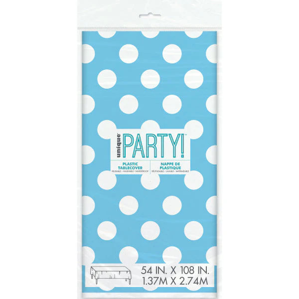 Powder Blue Dots Plastic Party Table Cover (137x274 cm) - Anilas UK