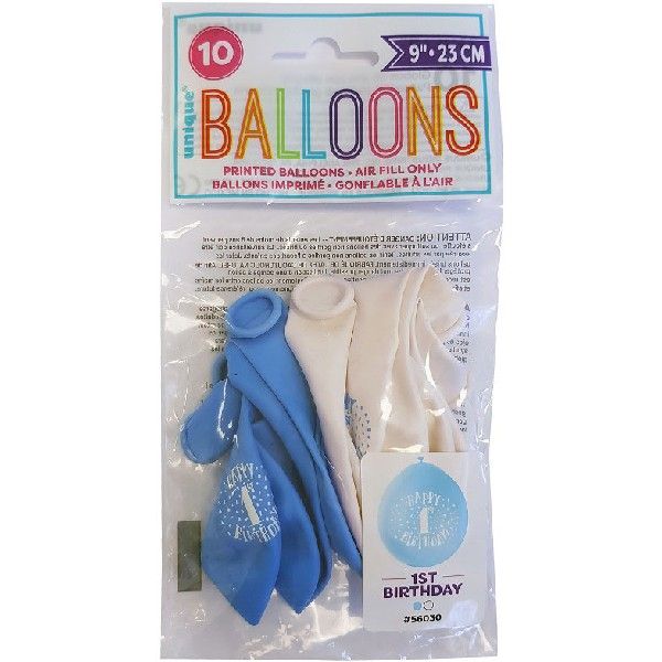Latex Assorted Blue and White Happy 1st Birthday Balloons (Pack of 10) - Anilas UK
