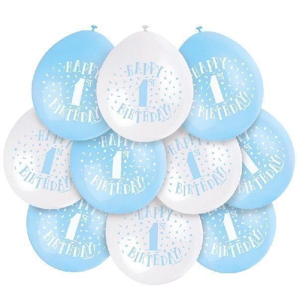 Latex Assorted Blue and White Happy 1st Birthday Balloons (Pack of 10) - Anilas UK