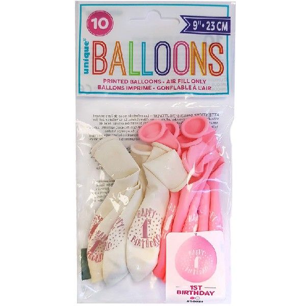 Latex Assorted Pink Happy 1st Birthday Balloons (Pack of 10) - Anilas UK