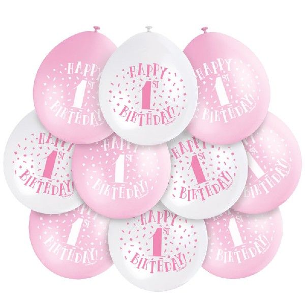 Latex Assorted Pink Happy 1st Birthday Balloons (Pack of 10) - Anilas UK
