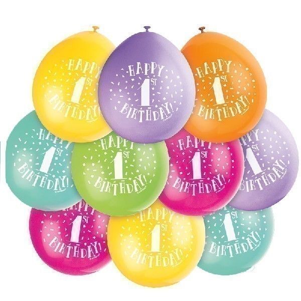 Latex Assorted Happy 1st Birthday Balloons (Pack of 10) - Anilas UK