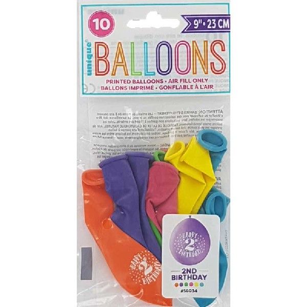 Latex Assorted Happy 2nd Birthday Balloons (Pack of 10) - Anilas UK