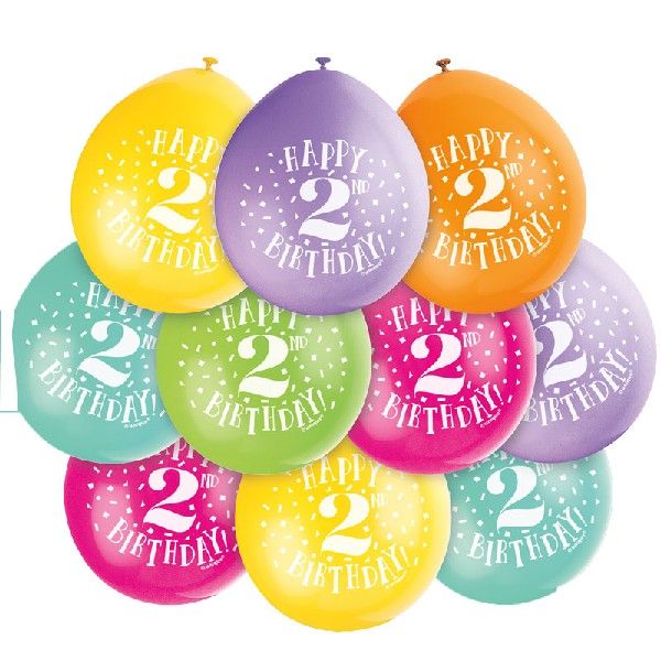 Latex Assorted Happy 2nd Birthday Balloons (Pack of 10) - Anilas UK