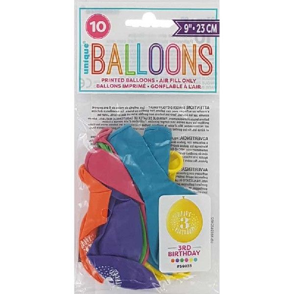 Latex Assorted Happy 3rd Birthday Balloons (Pack of 10) - Anilas UK