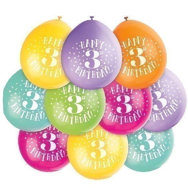 Latex Assorted Happy 3rd Birthday Balloons (Pack of 10) - Anilas UK