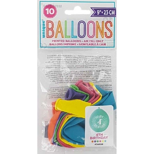 Latex Assorted Happy 4th Birthday Balloons (Pack of 10) - Anilas UK