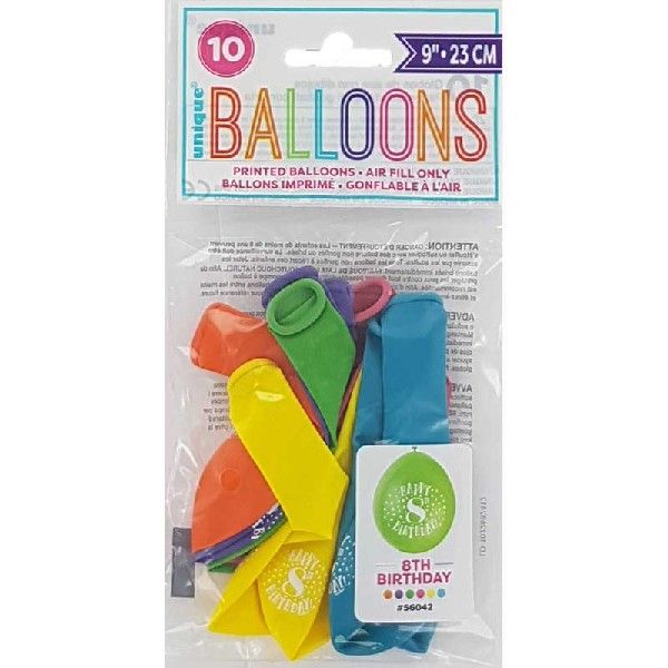 Latex Assorted Happy 8th Birthday Balloons (Pack of 10) - Anilas UK