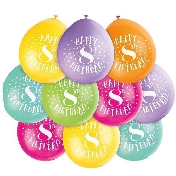 Latex Assorted Happy 8th Birthday Balloons (Pack of 10) - Anilas UK