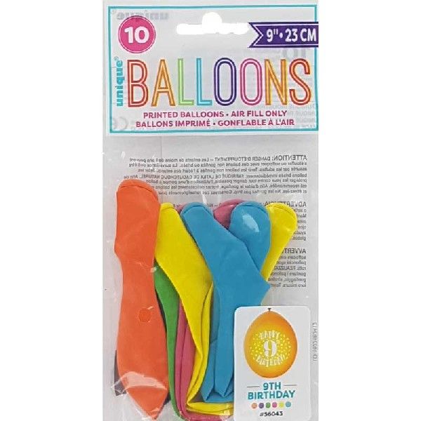 Latex Assorted Happy 9th Birthday Balloons (Pack of 10) - Anilas UK