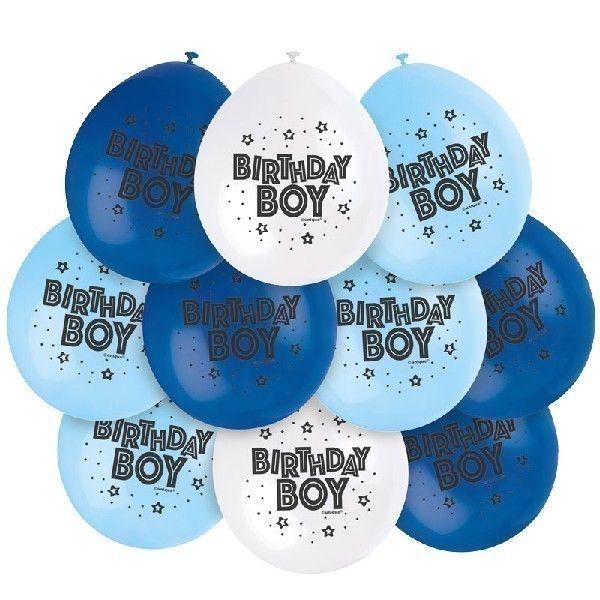 Latex Assorted Blue Birthday Boy Balloons (Pack of 10) - Anilas UK