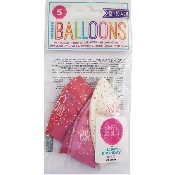 Pink Happy Birthday Latex Balloons (Pack of 5) - Anilas UK