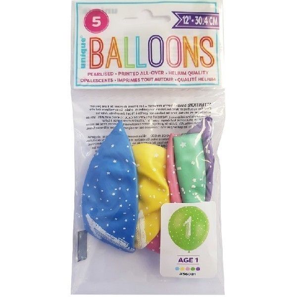 Age 1 Mixed Colour Party Balloons (Pack of 5) - Anilas UK