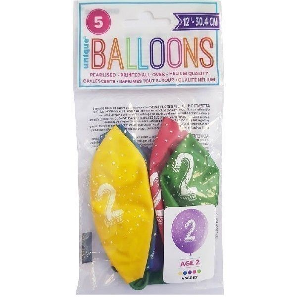 Age 2 Mixed Colour Party Balloons (Pack of 5) - Anilas UK