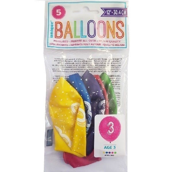 Age 3 Mixed Colour Party Balloons (Pack of 5) - Anilas UK