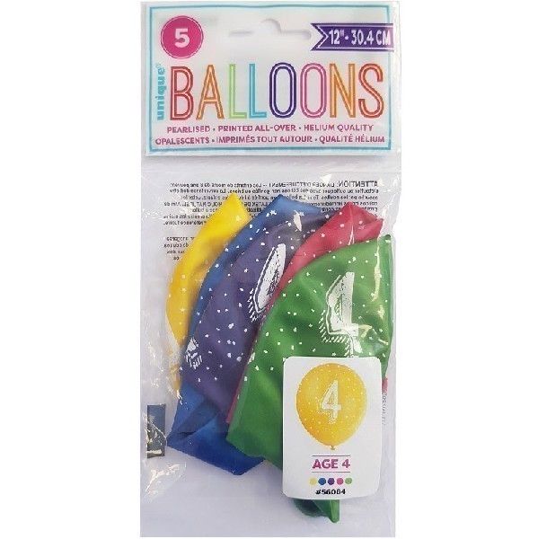 Age 4 Mixed Colour Party Balloons (Pack of 5) - Anilas UK