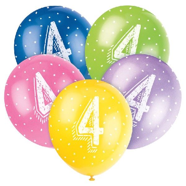 Age 4 Mixed Colour Party Balloons (Pack of 5) - Anilas UK