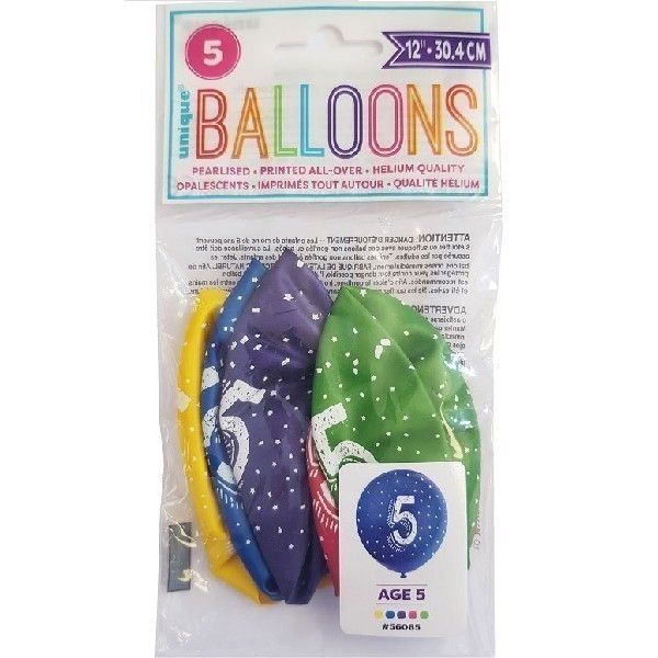Age 5 Mixed Colour Party Balloons (Pack of 5) - Anilas UK