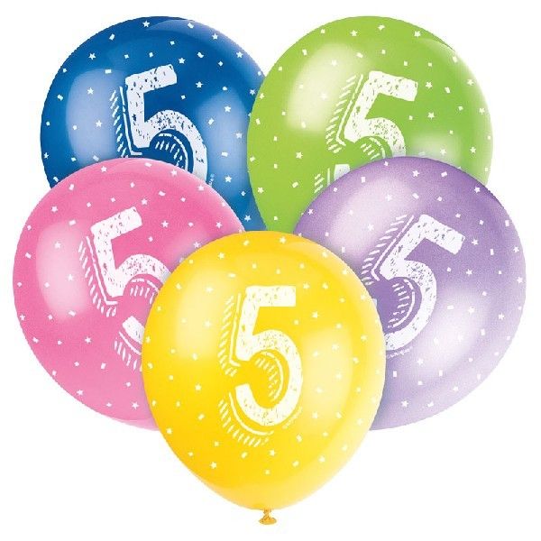 Age 5 Mixed Colour Party Balloons (Pack of 5) - Anilas UK