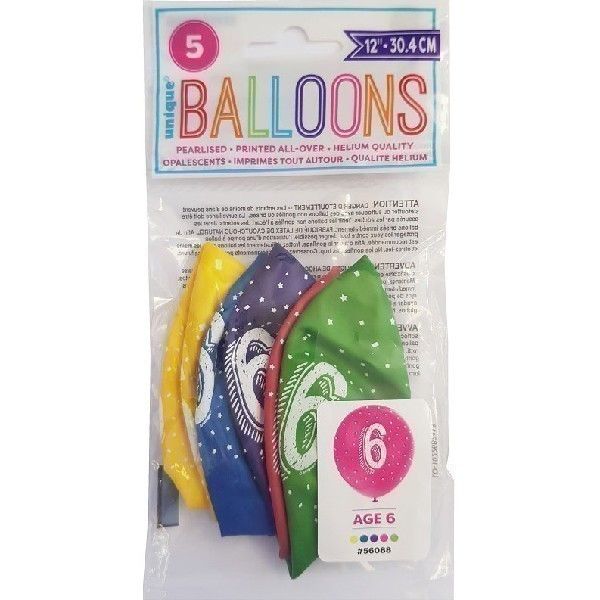 Age 6 Mixed Colour Party Balloons (Pack of 5) - Anilas UK