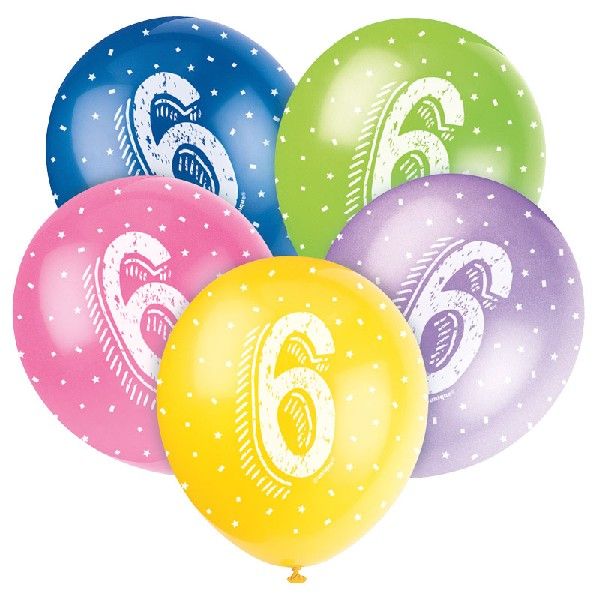 Age 6 Mixed Colour Party Balloons (Pack of 5) - Anilas UK