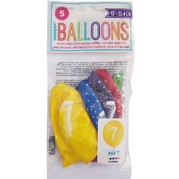 Age 7 Mixed Colour Party Balloons (Pack of 5) - Anilas UK