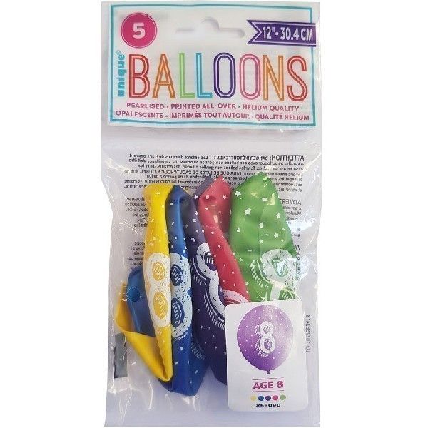 Age 8 Mixed Colour Party Balloons (Pack of 5) - Anilas UK