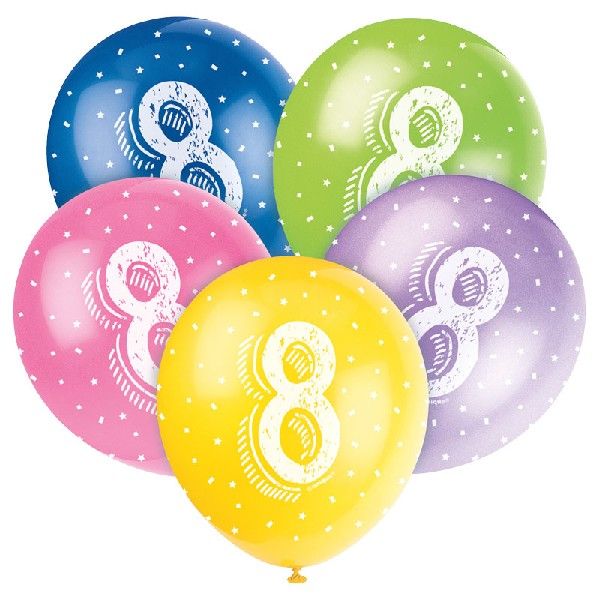 Age 8 Mixed Colour Party Balloons (Pack of 5) - Anilas UK