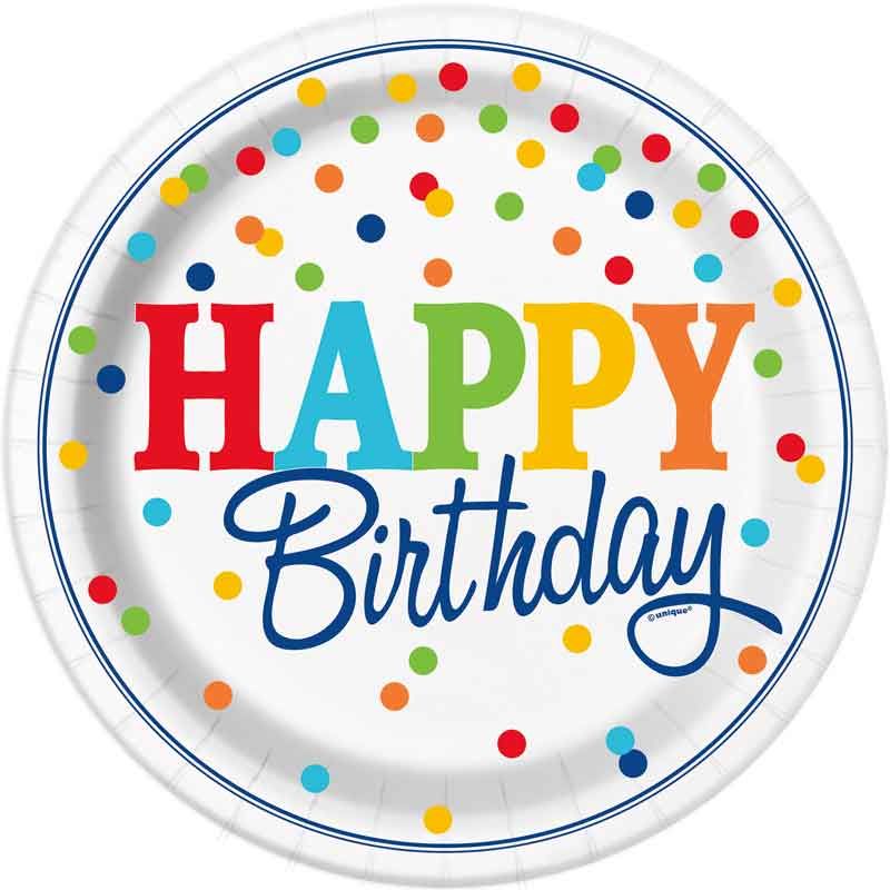 Rainbow Polka Dot Happy Birthday Paper Plates - 21.9cm (Pack of 8) - Anilas UK