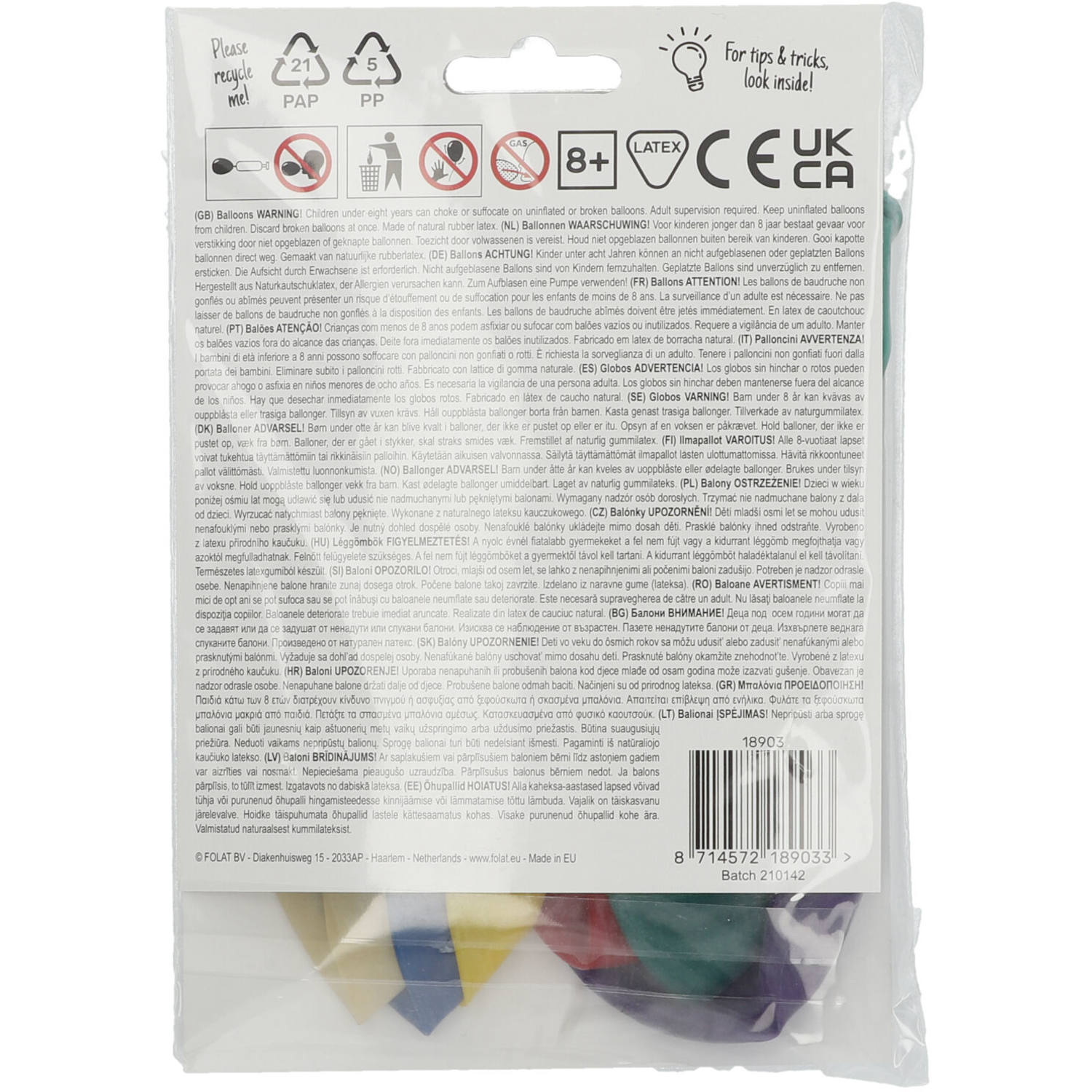 Back view of 3 Years Balloons pack with party occasion details and helium/air info