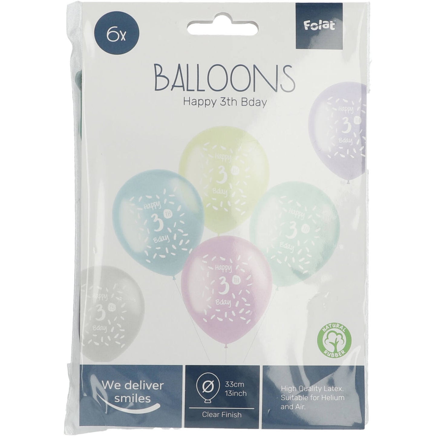 Front view of 2 Years Multicolored Balloons pack with uninflated latex balloons in assorted colours