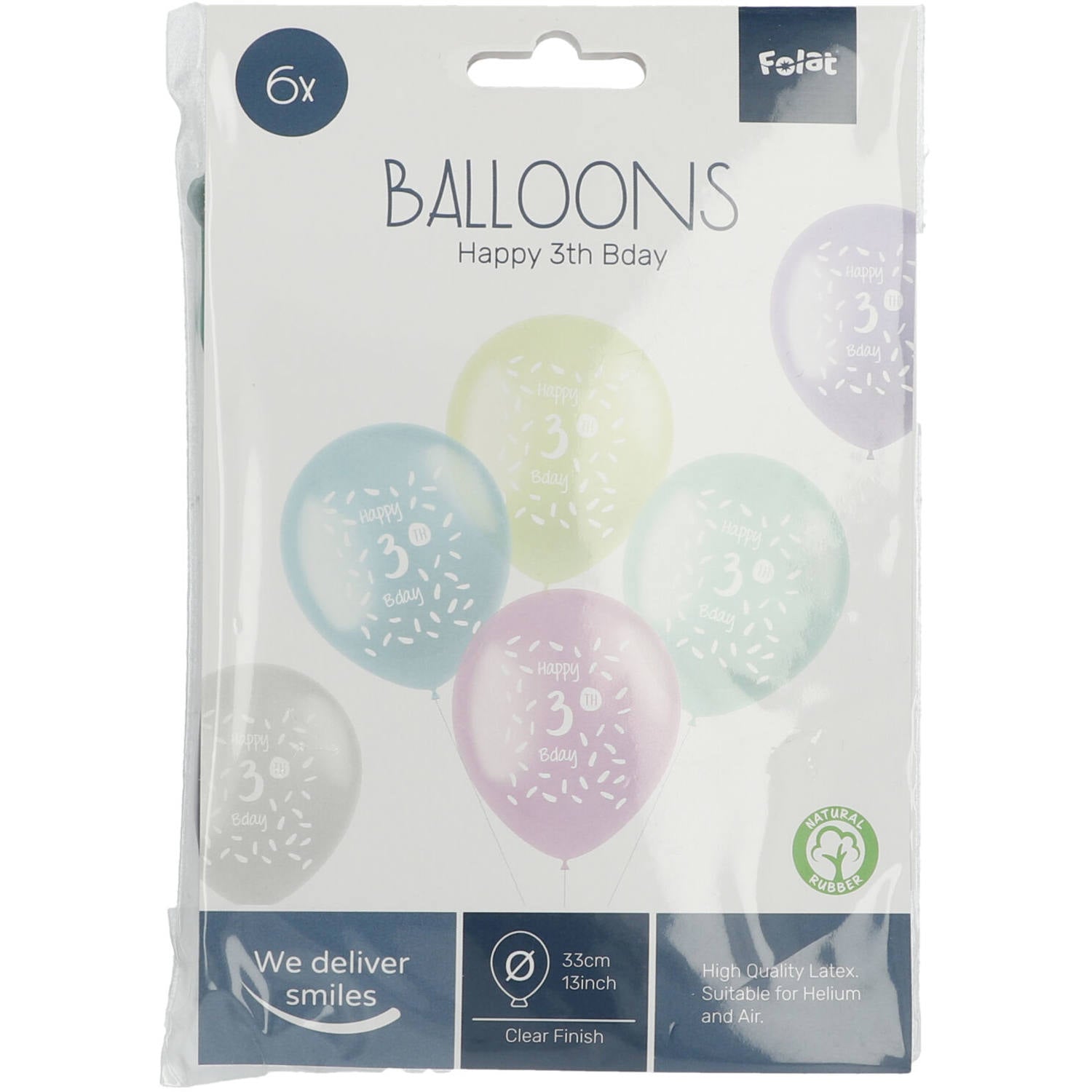 Front view of 2 Years Multicolored Balloons pack with uninflated latex balloons in assorted colours