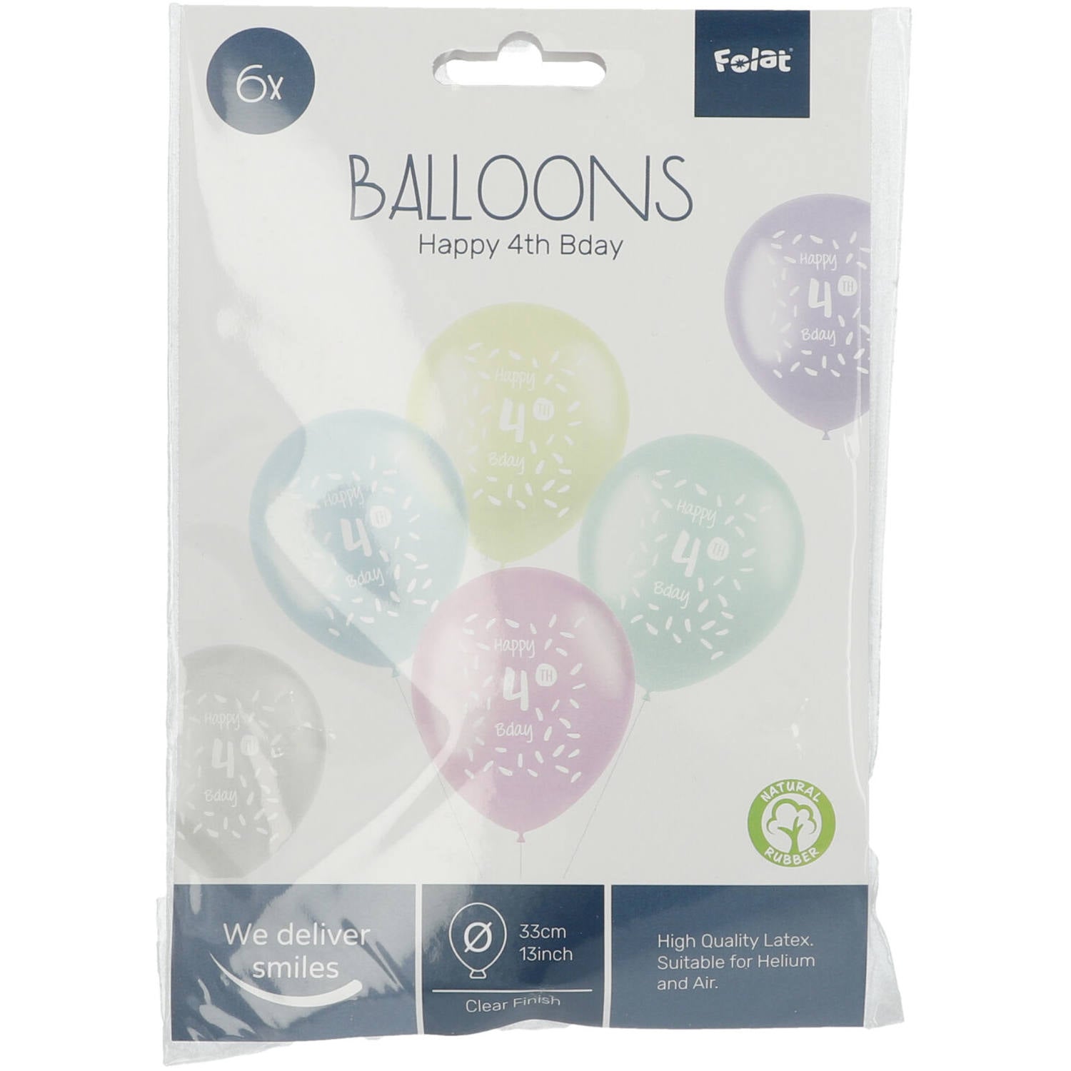 Front view of 4 Years Multicolored Balloons pack with uninflated latex balloons in assorted colours