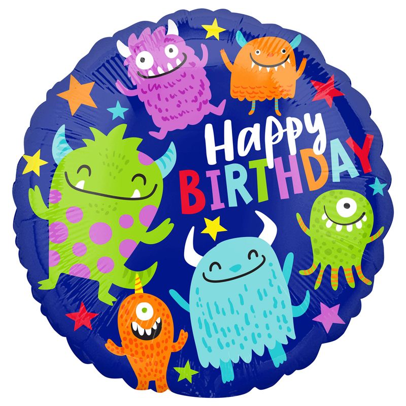 Happy Little Monsters Birthday Party Foil Round Balloon (43cm) - Anilas UK