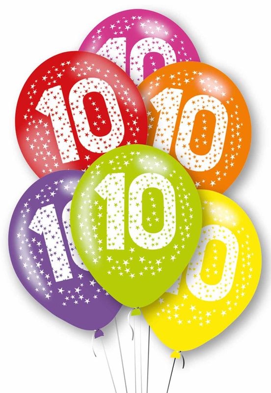 Age 10 Mixed Colour Party Balloons ( Pack of 6) - Anilas UK