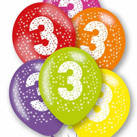 Age 3 Mixed Colour Party Balloons ( Pack of 6)