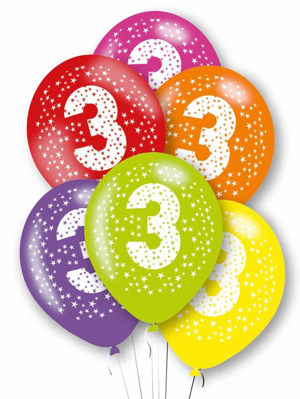 Age 3 Mixed Colour Party Balloons ( Pack of 6)