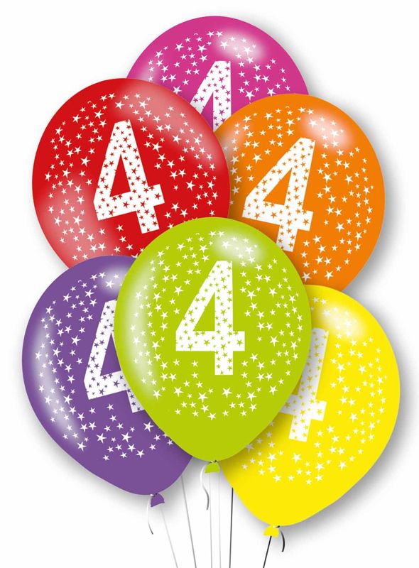 Age 4 Mixed Colour Party Balloons ( Pack of 6) - Anilas UK